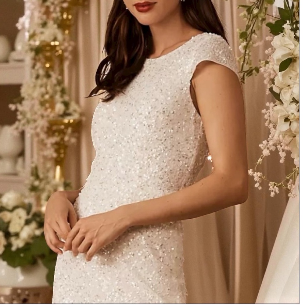 New BHLDN Dresden 6 / Sm White Allover Sequins Side Slit Midi Wedding Bridal